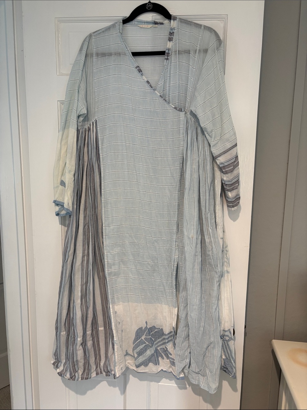 Light Blue Striped Wrap-Style Women's Dress
